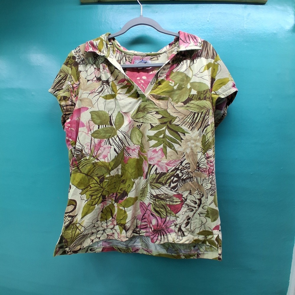 Caribbean Joe Tropical Floral Top XL Green Pink Island Resort Summer